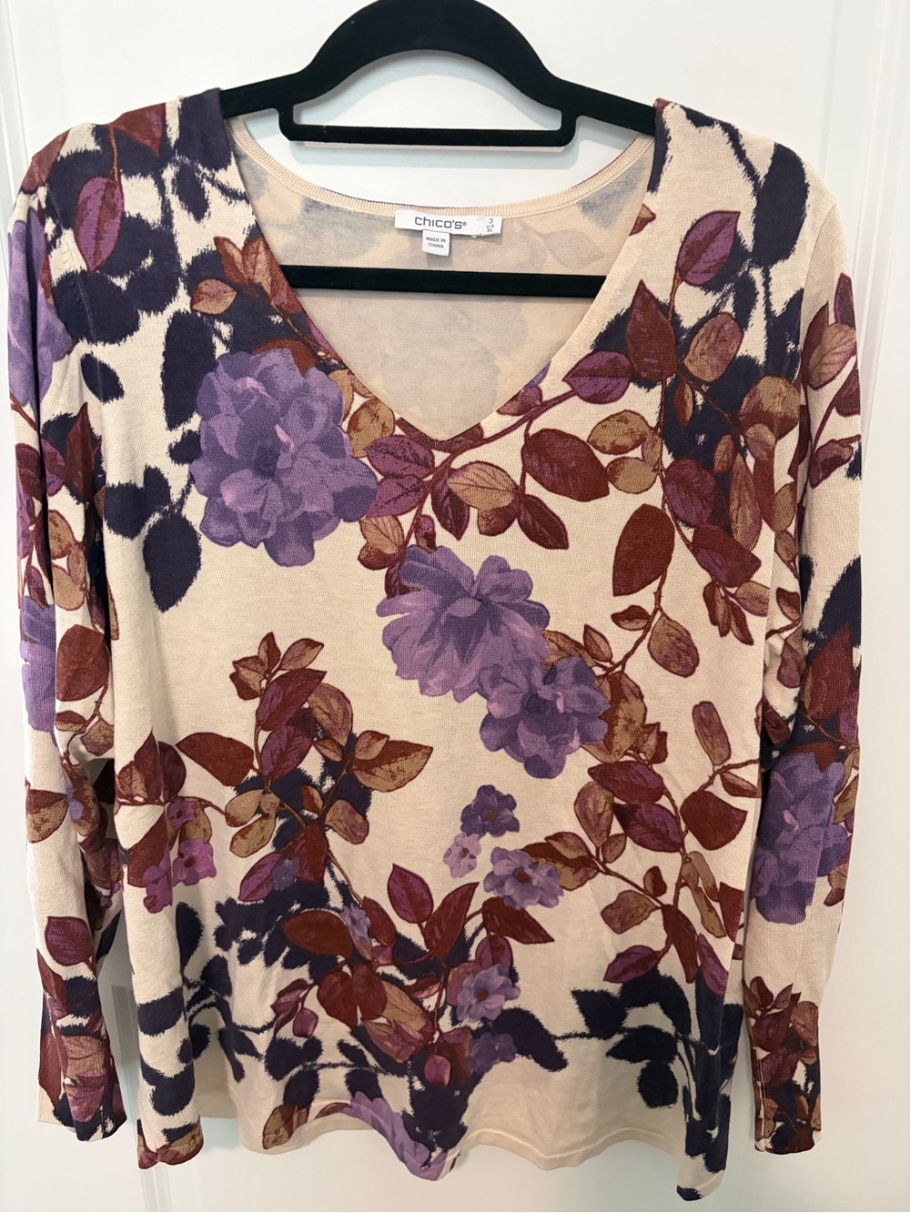 Chico's Cream Floral V-Neck Top with Purple Blooms